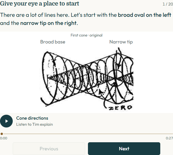 Actual Cone guide preview: original diagram, Tim’s audio player and Previous and Next controls.